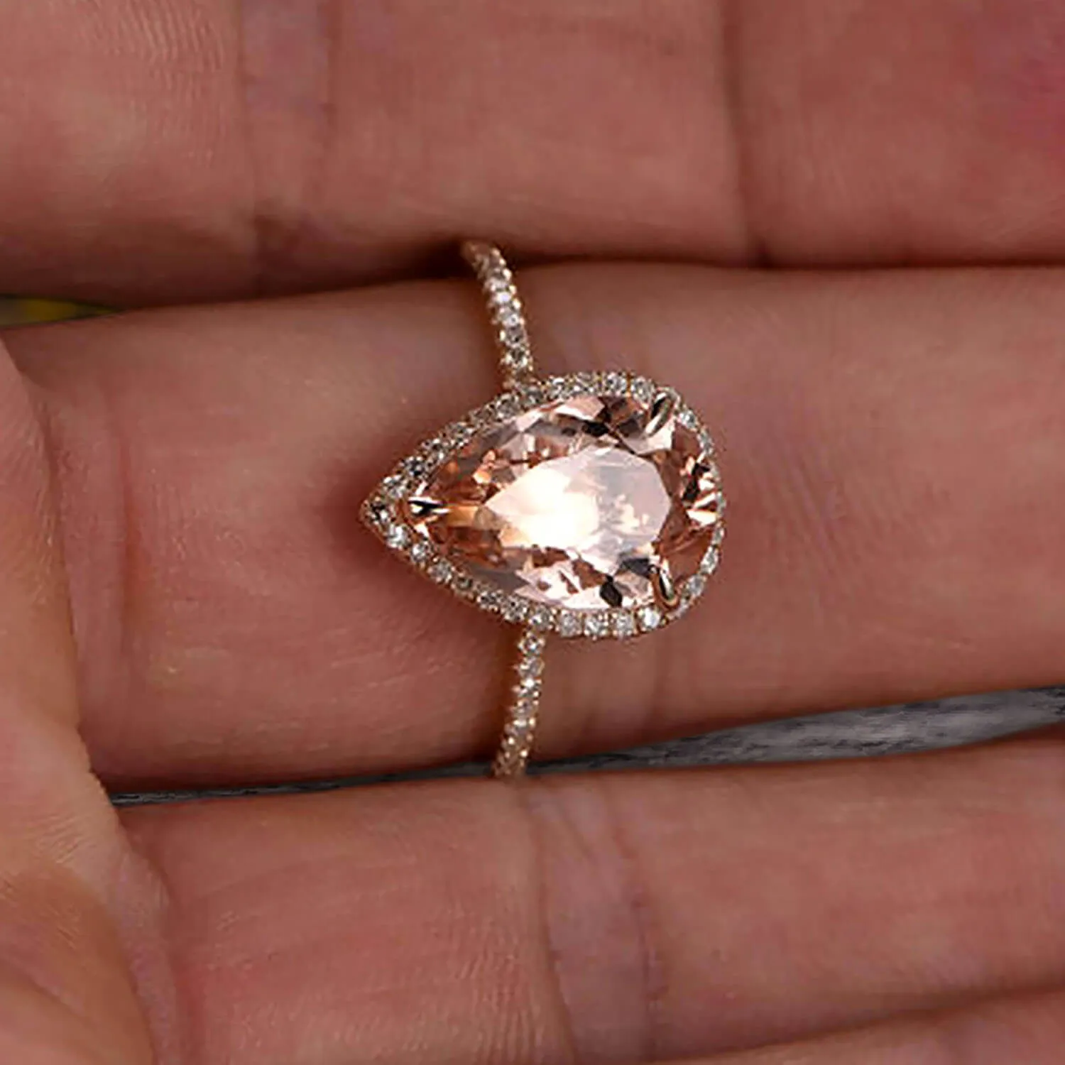 Surprisingly Ring 1.50 Carat Pear Shape Morganite Engagement Ring Solid 10k Rose Gold Promise Ring Pave Set Vintage Look