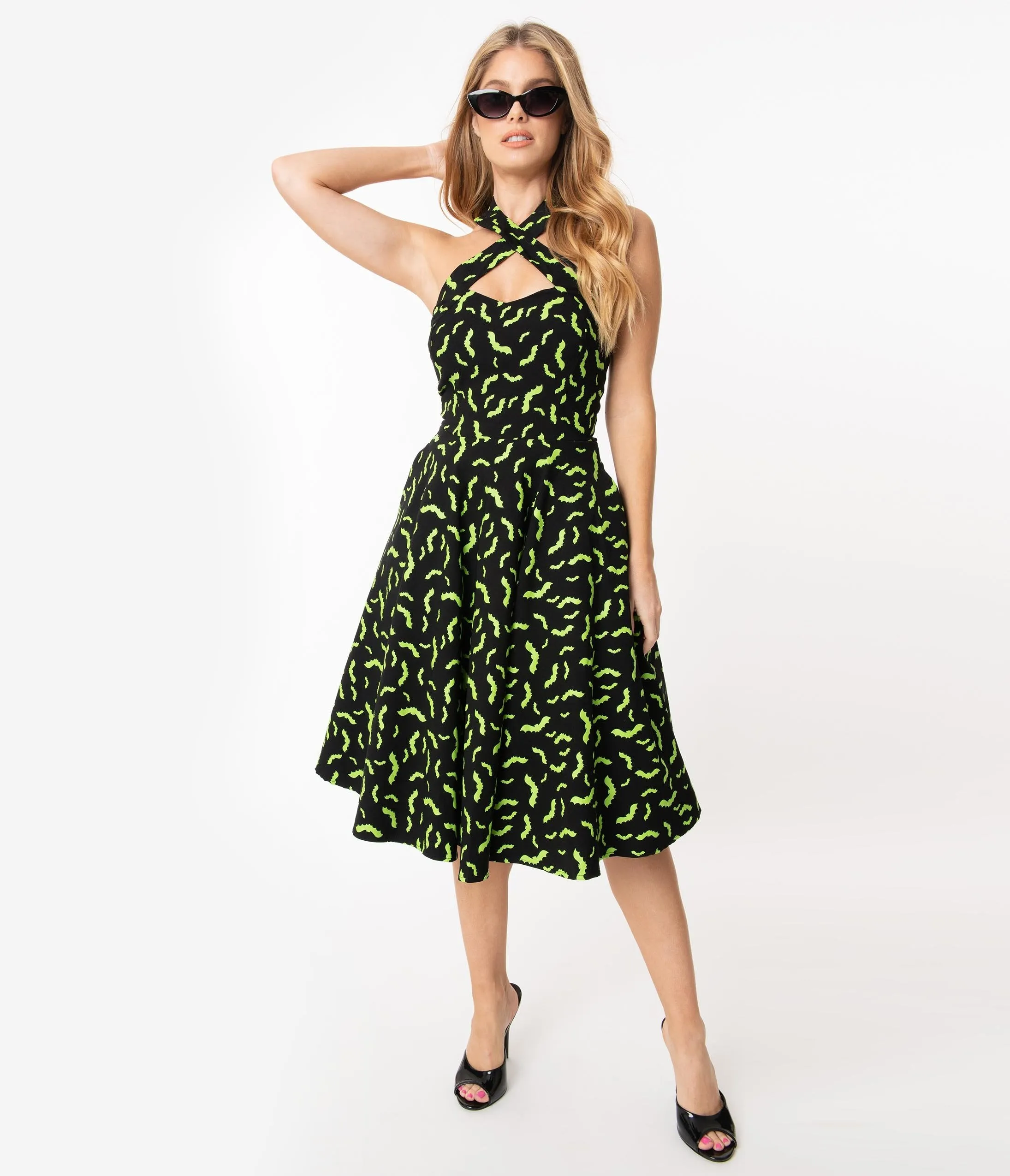 Unique Vintage Black & Neon Green Bats Rita Flare Dress