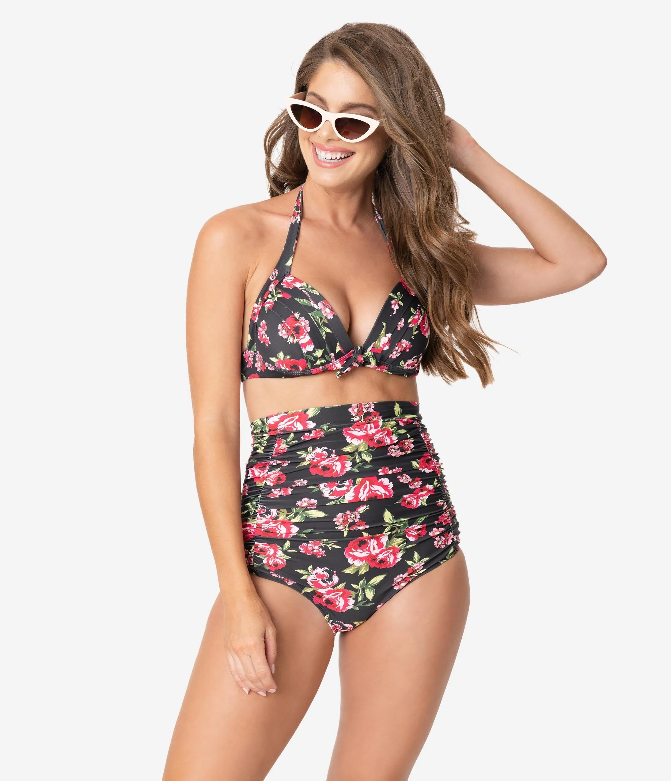 Unique Vintage Black & Red Floral Print Monroe Halter Swim Top