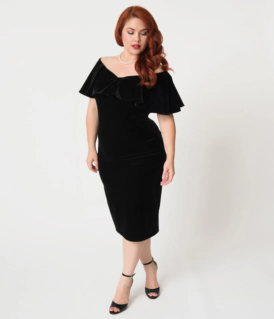 Unique Vintage Plus Size Black Velvet Draped Off Shoulder Sophia Wiggle Dress