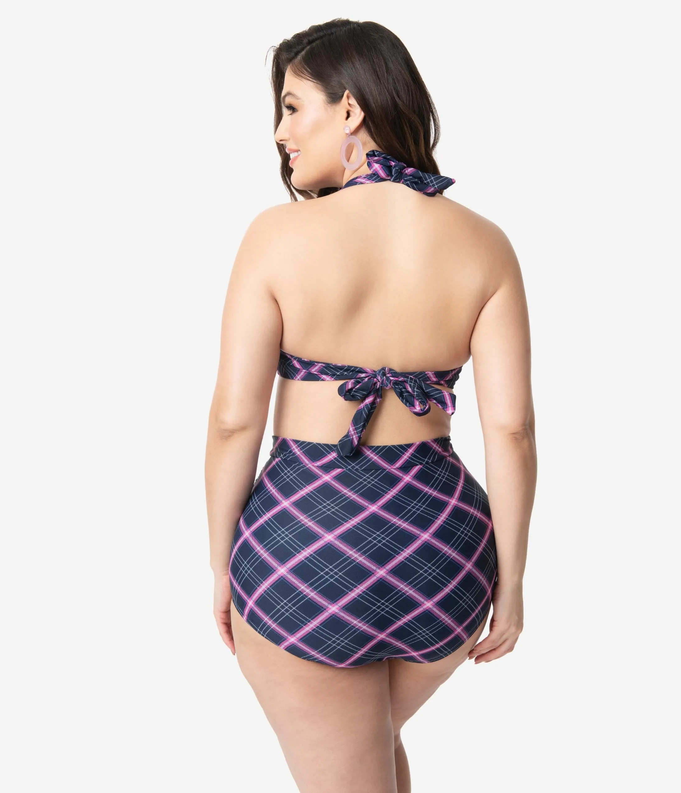 Unique Vintage Plus Size Navy & Pink Plaid Print Monroe Halter Swim Top
