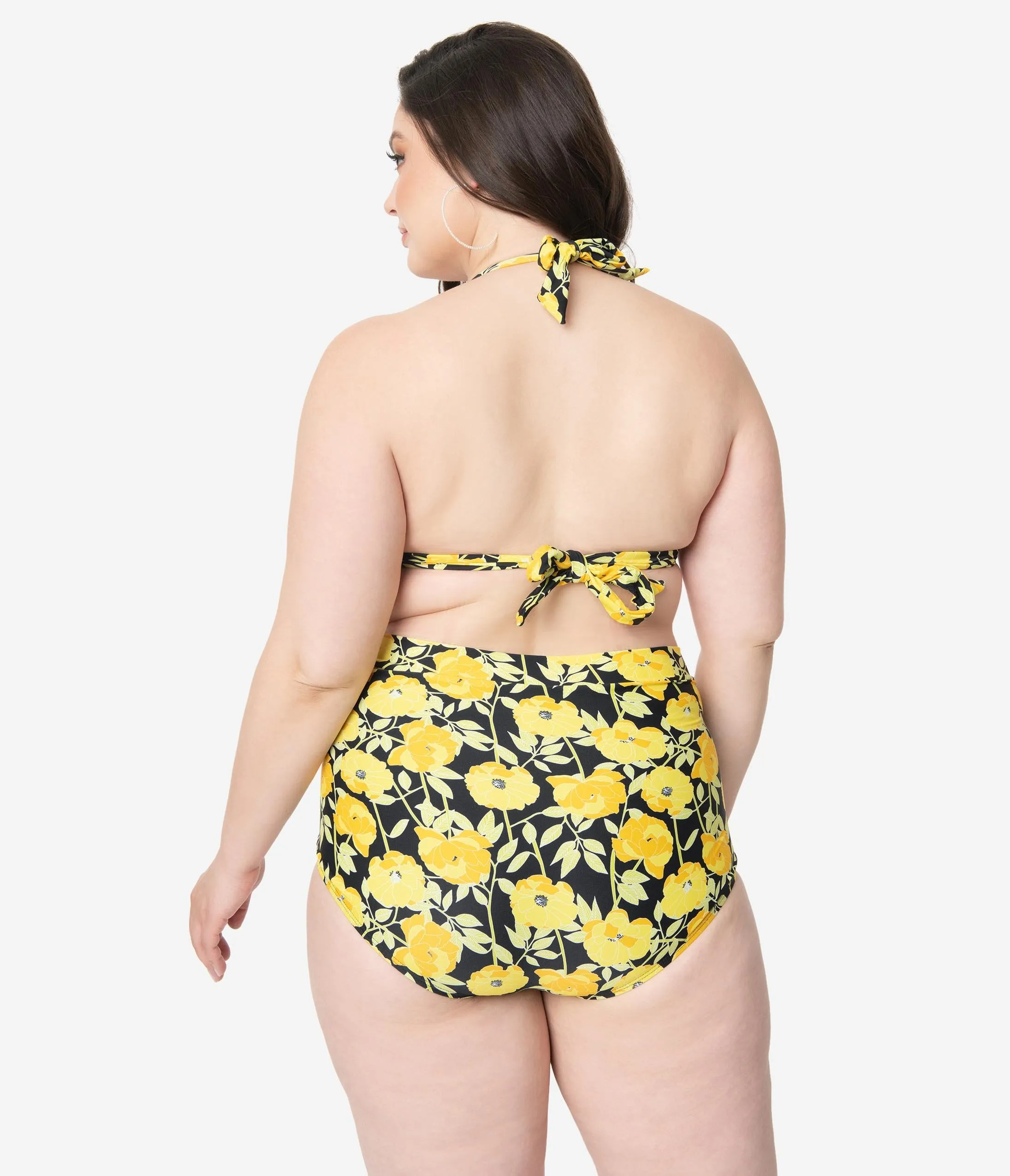 Unique Vintage Plus Size Yellow Poppy Print Monroe Halter Swim Top