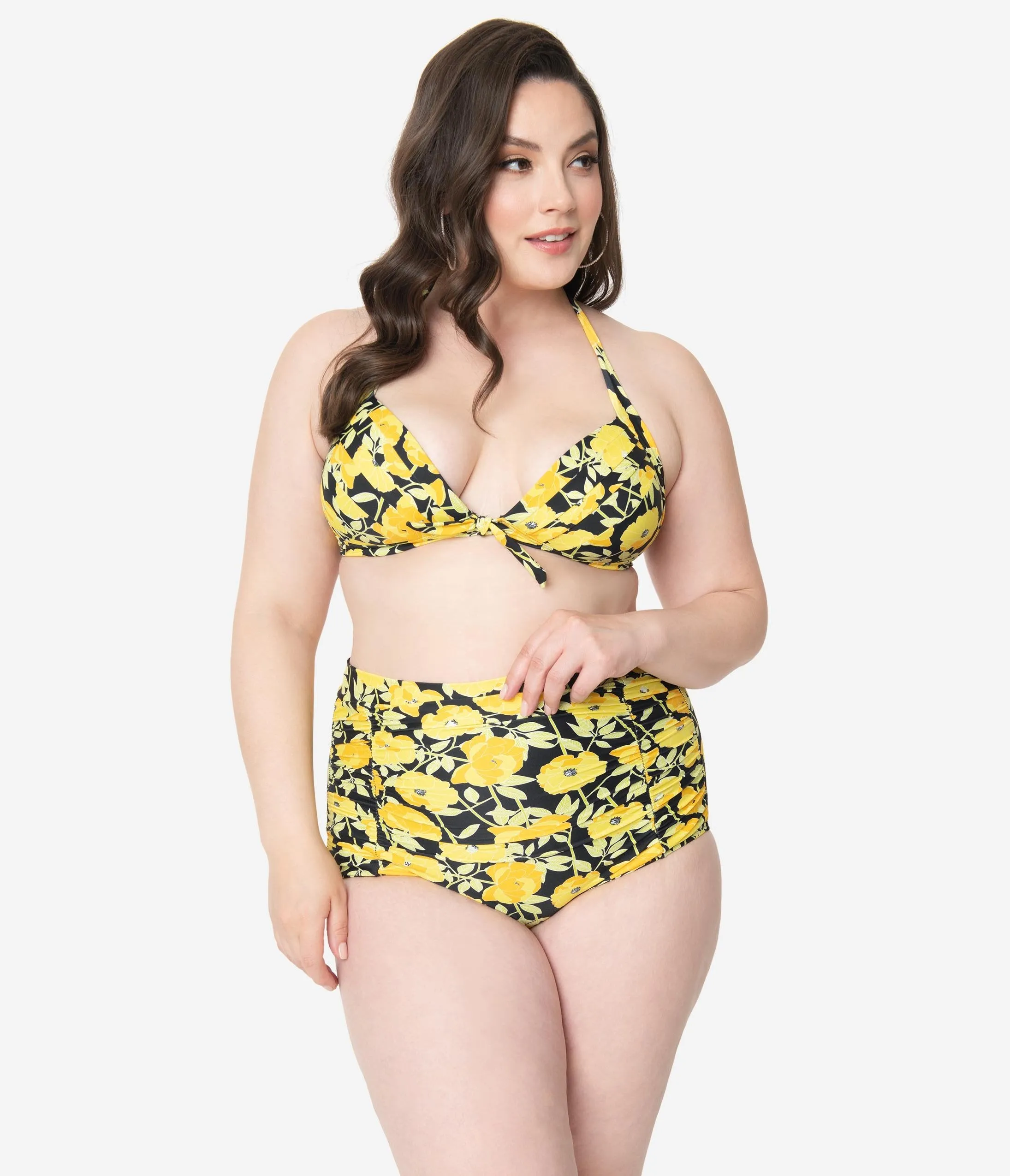 Unique Vintage Plus Size Yellow Poppy Print Monroe Halter Swim Top