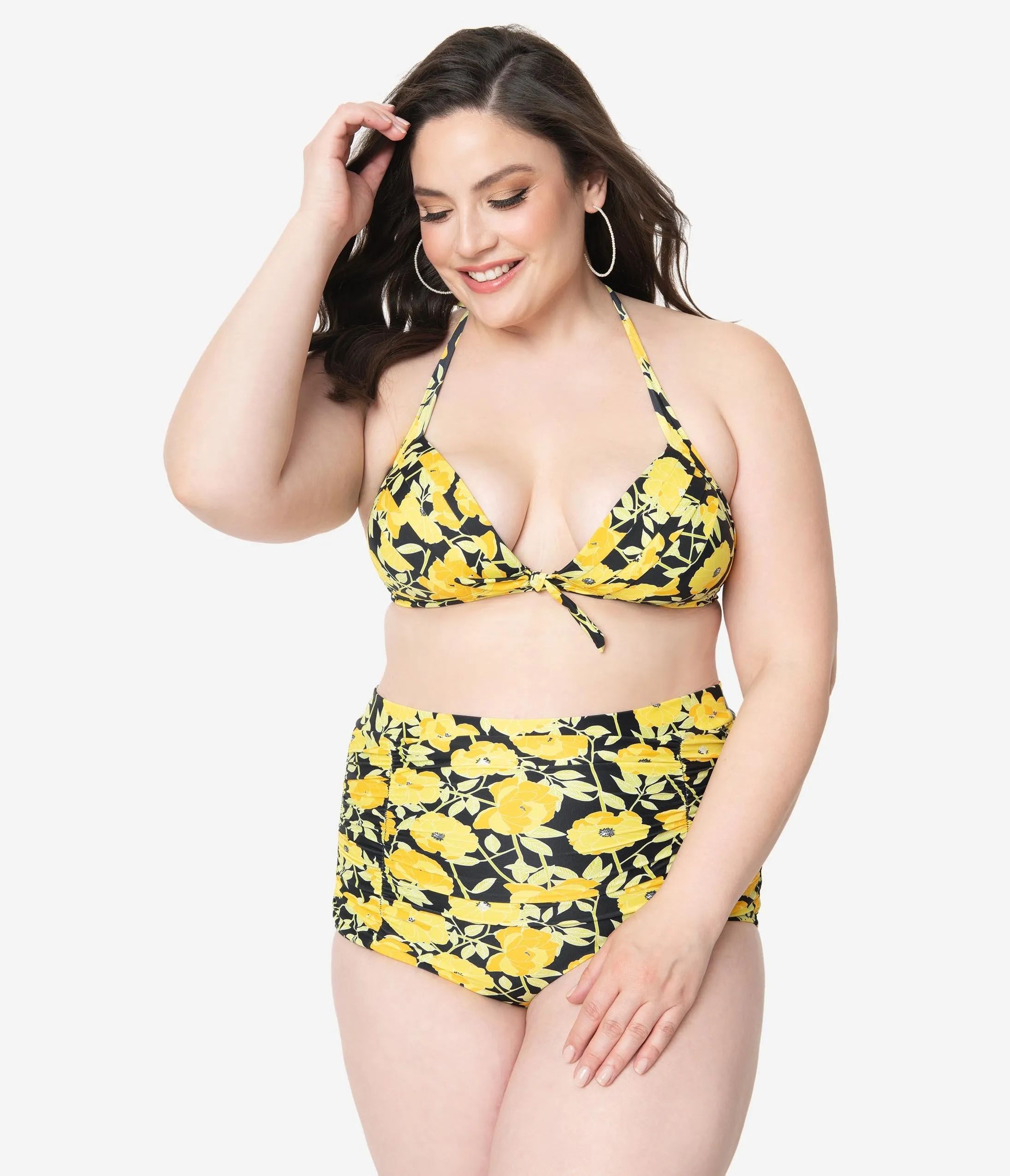 Unique Vintage Plus Size Yellow Poppy Print Monroe Halter Swim Top
