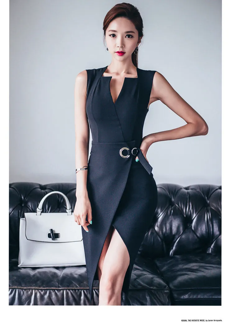 VenusFox Sexy Women's Bodycon Midi V-Neck Asymmetrical Pencil Dress