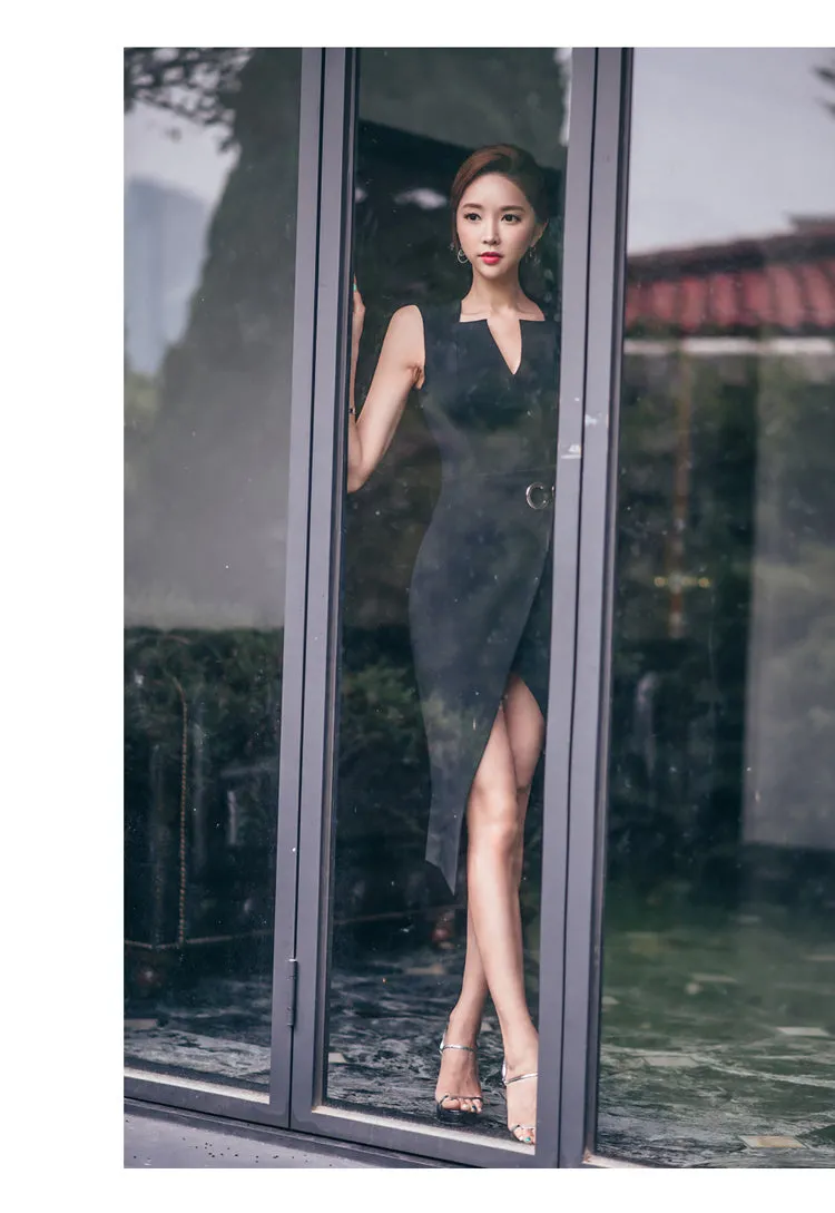 VenusFox Sexy Women's Bodycon Midi V-Neck Asymmetrical Pencil Dress