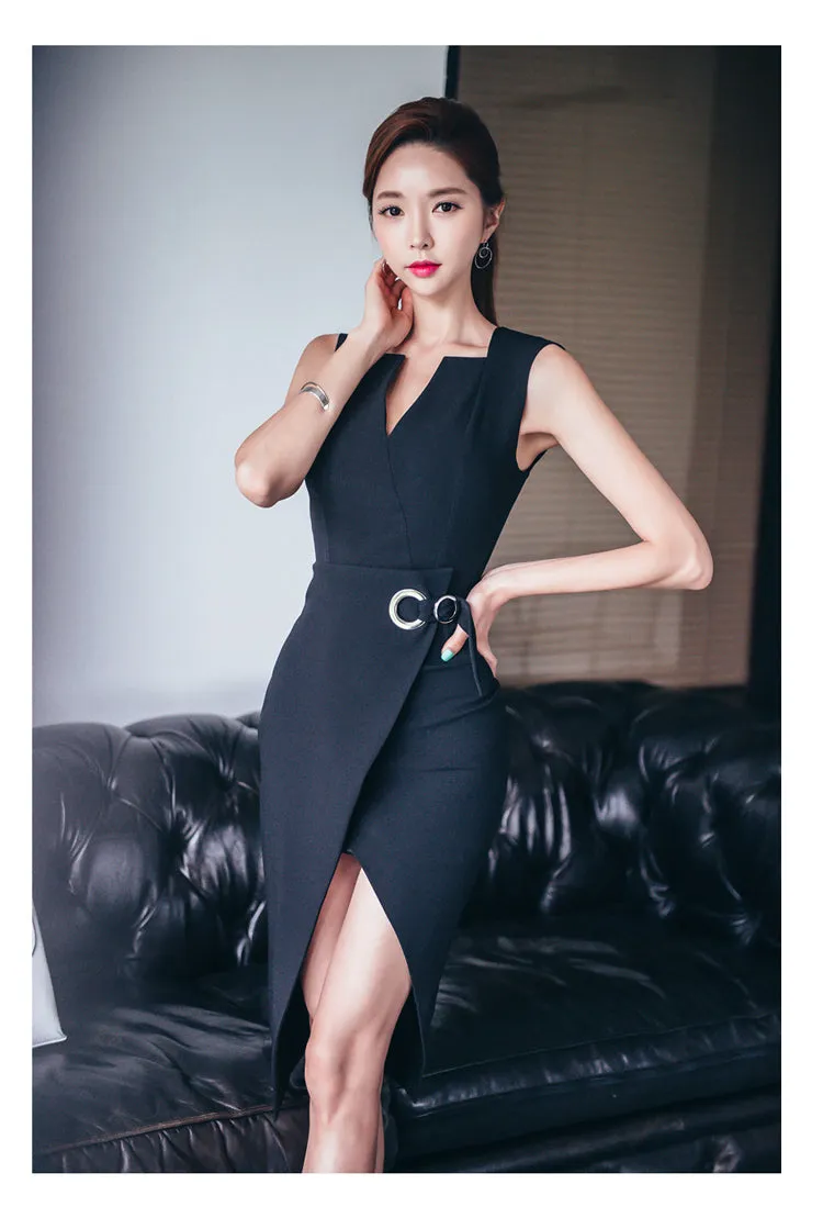VenusFox Sexy Women's Bodycon Midi V-Neck Asymmetrical Pencil Dress