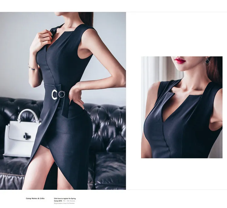 VenusFox Sexy Women's Bodycon Midi V-Neck Asymmetrical Pencil Dress