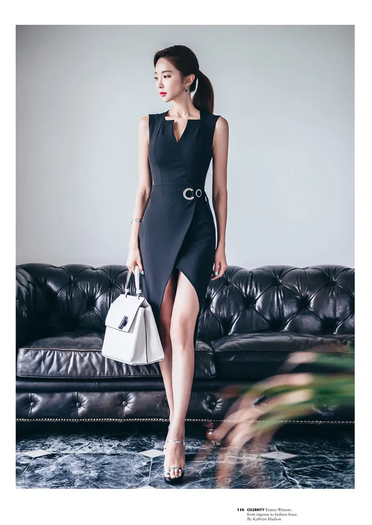 VenusFox Sexy Women's Bodycon Midi V-Neck Asymmetrical Pencil Dress