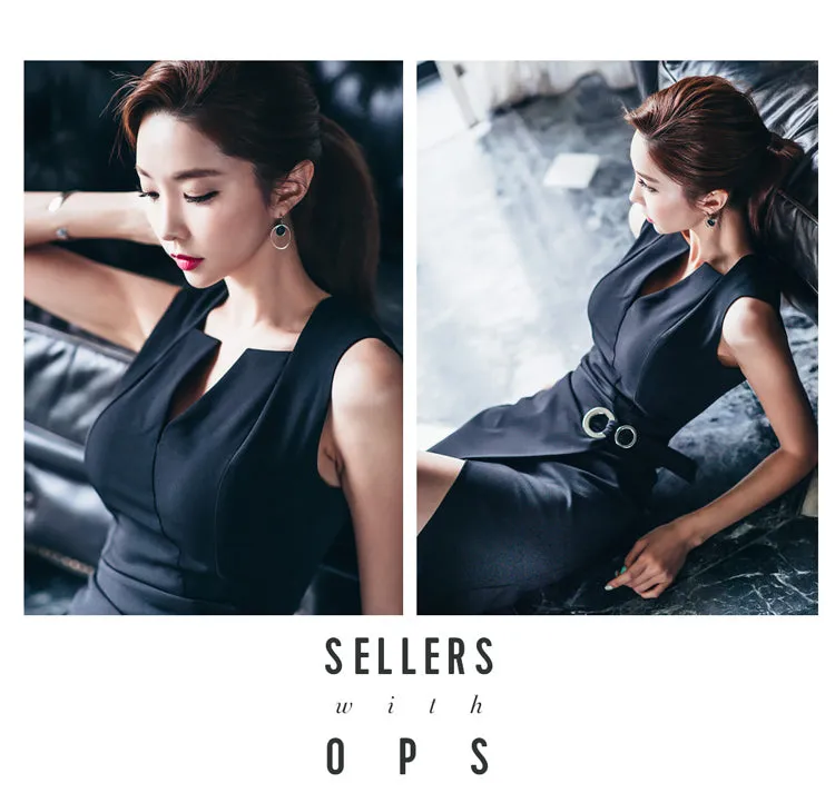 VenusFox Sexy Women's Bodycon Midi V-Neck Asymmetrical Pencil Dress