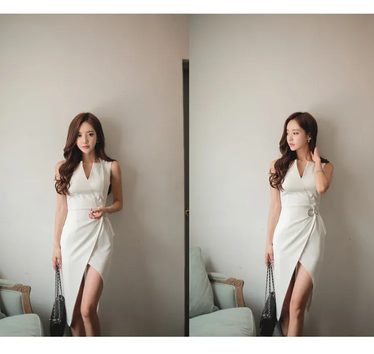 VenusFox Sexy Women's Bodycon Midi V-Neck Asymmetrical Pencil Dress