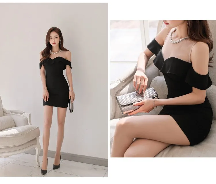 VenusFox Summer Black Mesh Off Shoulder Ruffles Dress