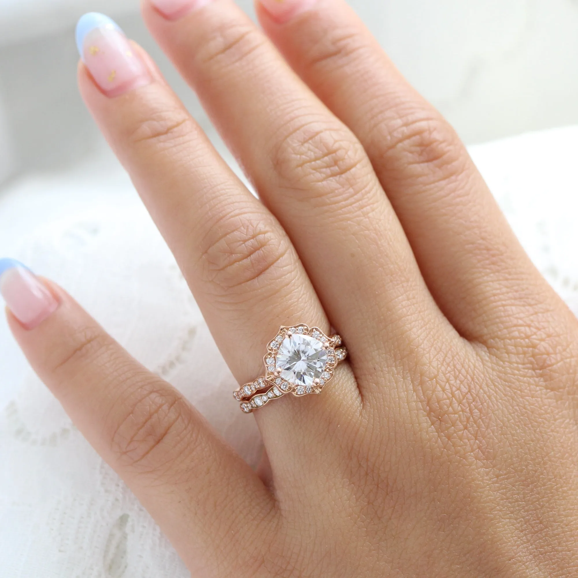Vintage Floral Cushion Ring Set w/ Large Moissanite and Matching Diamond Band