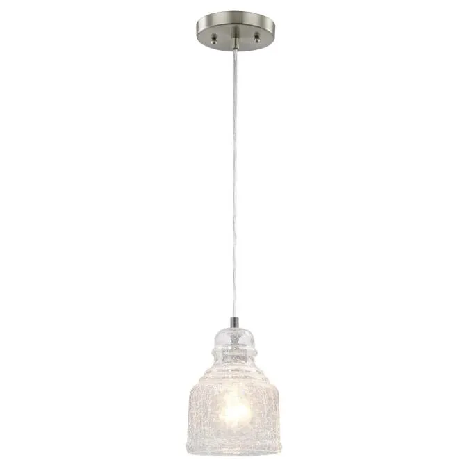 Westinghouse 6309200 1 Light Mini Pendant Brushed Nickel Finish with Clear Crackle Glass