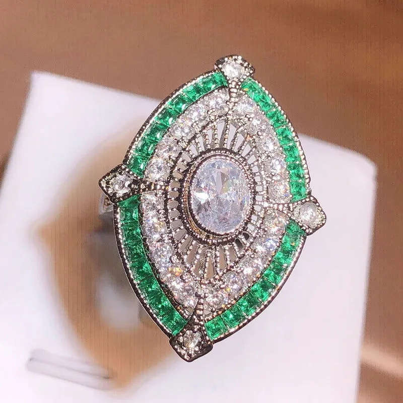 White & Green Eye Shape Princess Cut Zirconia Ring