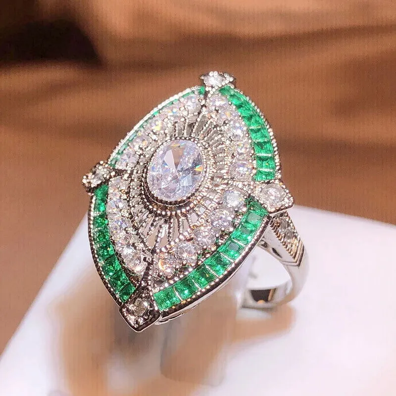 White & Green Eye Shape Princess Cut Zirconia Ring