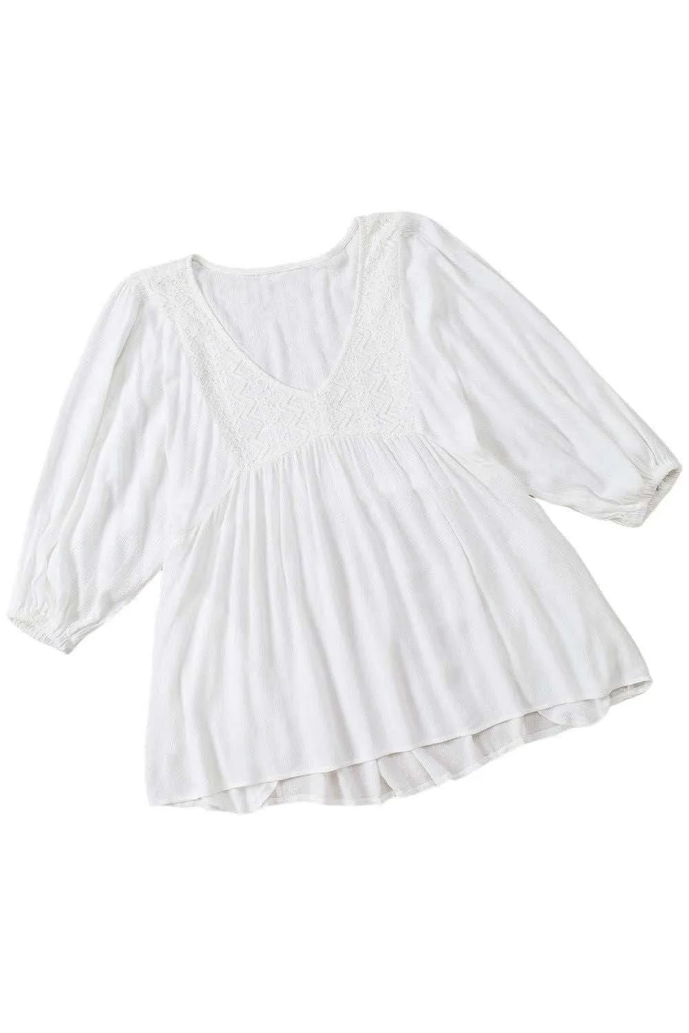 White Lace V-Neck Bracelet Sleeve Ruffle Blouse