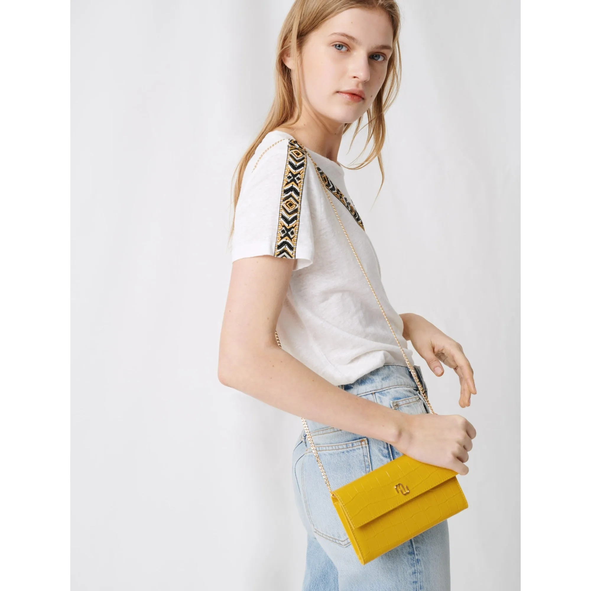Women Croco Wallet With Chain - Yellow